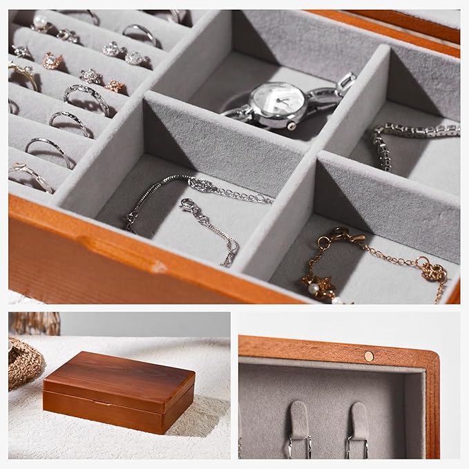 Wooden Jewelry Box for Women, Medium Size Real Natural Solid Wood Antique Organizer with Earring Storage, Ring Compartments, Built in Necklace Hooks, ek11-m