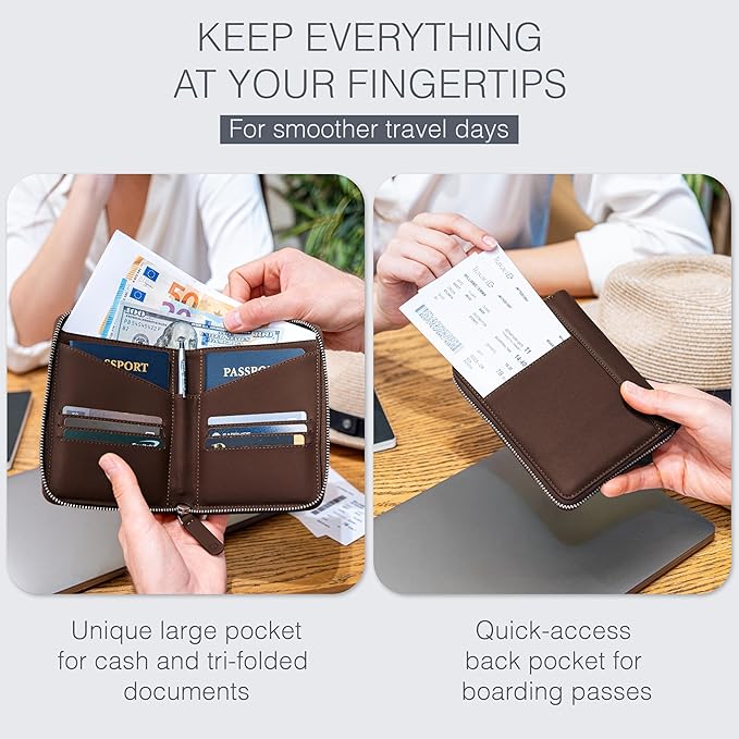 Full Grain Leather Passport Holder for 2 Passports - Dual Passport Holder and Travel Documents Organizer - RFID Travel Wallet for Couples - Dark Brown