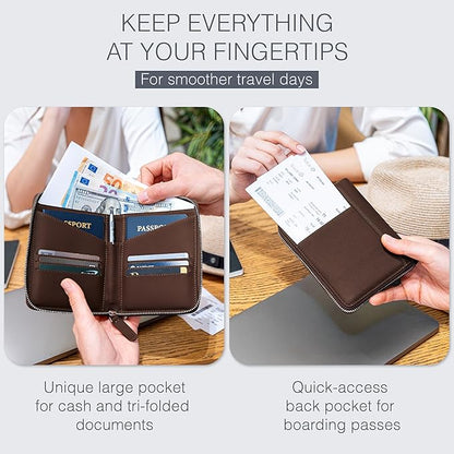 Full Grain Leather Passport Holder for 2 Passports - Dual Passport Holder and Travel Documents Organizer - RFID Travel Wallet for Couples - Dark Brown