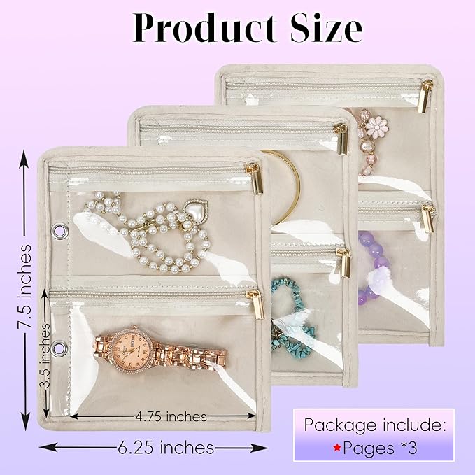 Travel Jewelry Organizer Case,Small Jewelry Bags for Traveling, Jewelry Binder with 24 Pcs Clear Zipper Velvet Pouches (Inner Pages,Beige,3 PCS)