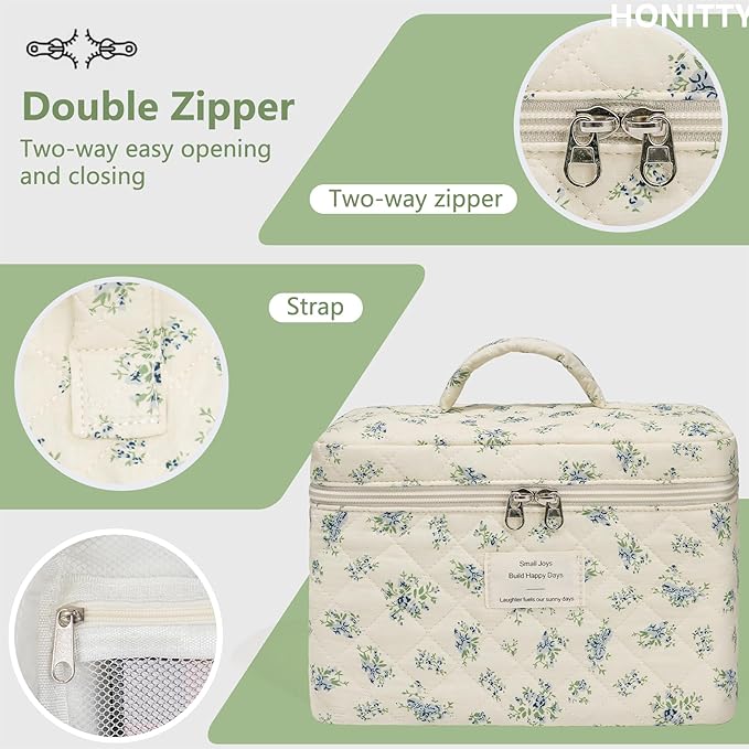 Makeup Bag,Quilted Cosmetic Bags,Large Floral Make Up Organize bag,Makeup Bag Set for Women,Flower Travel Toiletry Bag
