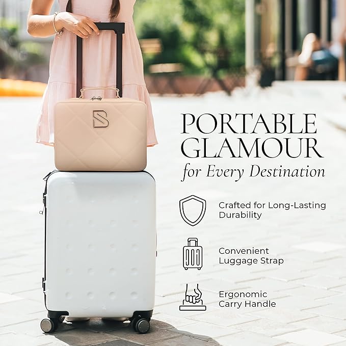 BAREZ Premium PU Leather Makeup Bag With LED Mirror - 3 Brightness Mirror Light Settings - Adjustable Dividers - Removable Mirror Waterproof Cosmetic Travel Bag - A Luxury Gift for Her (Nude)