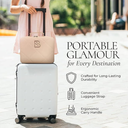 BAREZ Premium PU Leather Makeup Bag With LED Mirror - 3 Brightness Mirror Light Settings - Adjustable Dividers - Removable Mirror Waterproof Cosmetic Travel Bag - A Luxury Gift for Her (Nude)