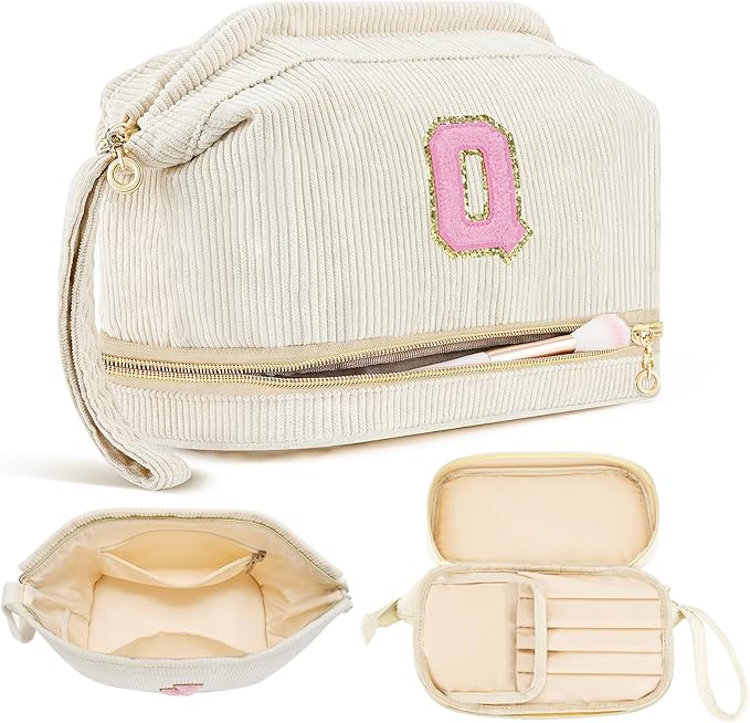 Makeup Bag for Girls Gift, Personalized Christmas Gifts Initial Women Makeup Bag for Travel, Double Layer Cosmetic Bag with Brush Organizer Preppy Make up Bag for Teen Girl Trendy - Q