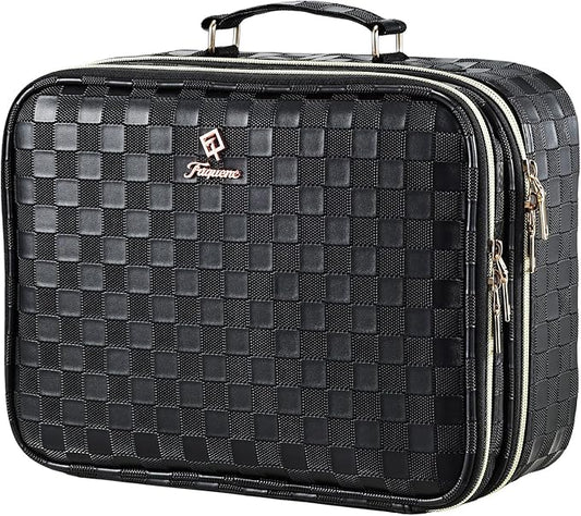 Makeup Bag with LED Lighted Mirror 12.2 IN Travel Double Layer Makeup Case Adjustable Brightness in 3 Colors Cosmetic Organizer Artist Storage with Dividers Brush Holder Vanity Black Checkerboard