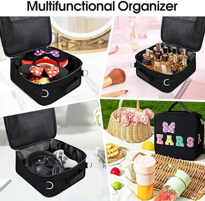 Chenille Letter Bow Mouse Ears Travel Case, Park Ears Headband Holder Hair Accessories Organizer Bag for Girls Women Kids Adults, Large Makeup Bag Snack Bags with Zipper for Travel Picnic - Black