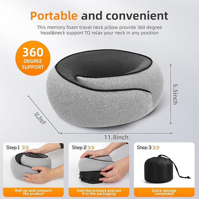 Travel Neck Pillows for Airplanes, Premium 100% Memory Foam Neck Pillow with Alternative Cooling Ice Silk Cover - Upgrade Liner Enables Easy Pillowcase Cleaning, Travel Pillow Fits Plane, Car, Train