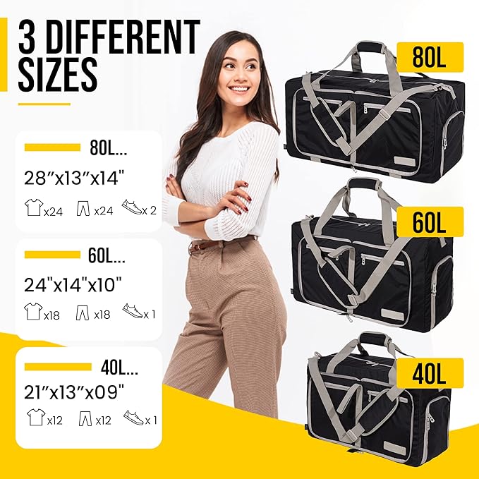 LEGEND 60L Foldable Duffle Bag for Travel - Packable Duffle Bags w/Shoe Compartment - Tear Resistant Collapsible Duffel Bags for Traveling - Lightweight Folding Duffel Bag for Men & Women -Black