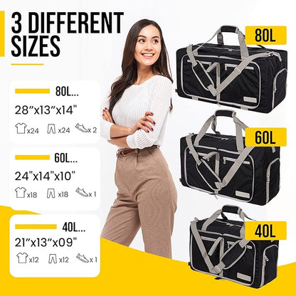 LEGEND 80L Foldable Duffle Bag for Travel - Packable Duffle Bags w/Shoe Compartment - Tear Resistant Collapsible Duffel Bags for Traveling - Lightweight Folding Duffel Bag for Men & Women -Black