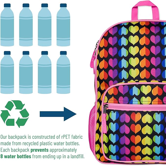 Wildkin ECO rPET Kids Backpack – Recycled, Padded, Adjustable for School & Travel – Rainbow Hearts