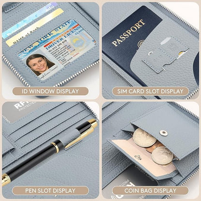 Leather Travel Wallet, RFID passport wallet for travel, with Zippered Pocket and Cash Slot, for Secure Traveling and Documentation Organizer（Denim blue）