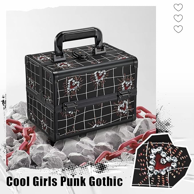 Joligrace Makeup Train Case Portable Makeup Case Organizer 2 Trays Cosmetic Box Storage with Mirror Lockable with Key for Cosmetics Nail Tech Traveling Makeup Travel Box Punk Love Hearts