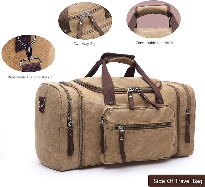 Large men's travel luggage bag, carry overnight bag, weekend handbag, waterproof canvas travel bag(khaki)