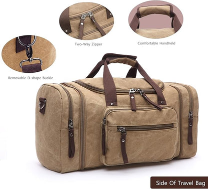 Large men's travel luggage bag, carry overnight bag, weekend handbag, waterproof canvas travel bag(khaki)