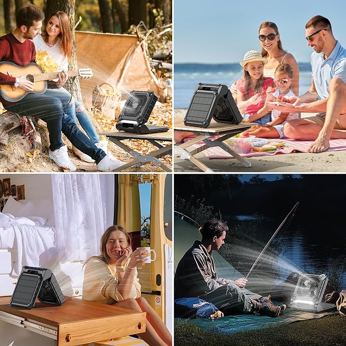 PANERGY Solar Fan with Lantern for Camping, Rechargeable Battery Powered Fan(19H cooling/28H lighting), 3-Speed, 6H Timer, 90°Folding Cordless & Portable for Outdoor Travel RV Power Outage