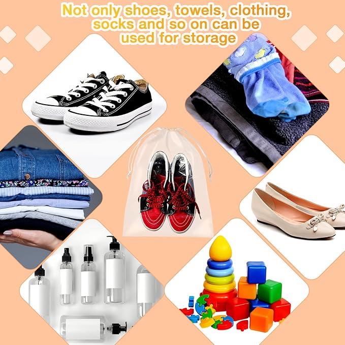 Thenshop 100 Pieces Plastic Shoe Bags for Travel Large Clear Drawstring Bags 12 x 16 Inch Travel Shoe Organizers Thick Waterproof Storage Portable Pouch with Rope for Slipper Men Women
