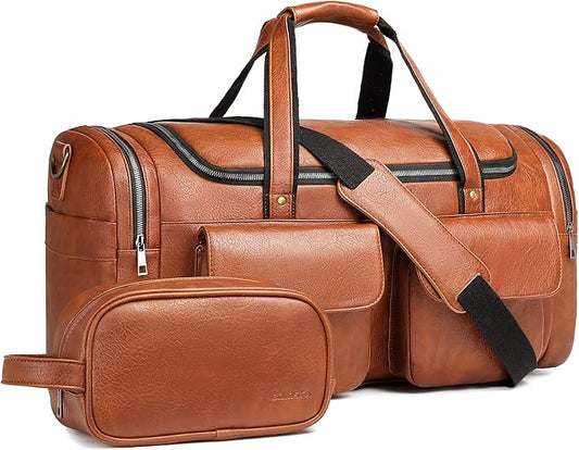 Travel Duffel Bag for Men, Large PU Leather Carry on Duffle Bag for Traveling, Waterproof Overnight Weekender Gym Bags with Shoe Compartment - Perfect for Daily Use/Birthday Gift