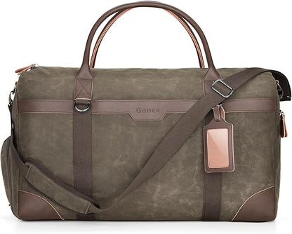 Gonex Waxed Canvas Duffle Bag for Travel, Water-resistant Vintage 55L Duffel Weekender with Shoes Compartment & Luggage Tag, Heavy-duty Overnight Bag with Suitcase Handle Sleeve for Men, Army Green