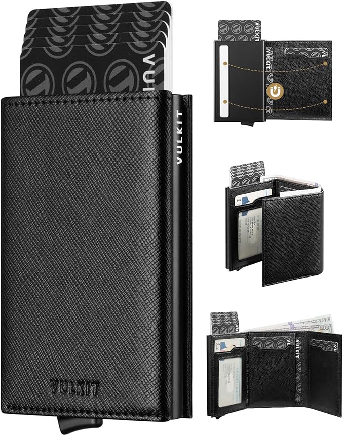 VULKIT Pop up Card Wallet Minimalist Cash Wallets RFID Blocking Leather Smart Credit Card Holder with ID window for Men(Cross Black)