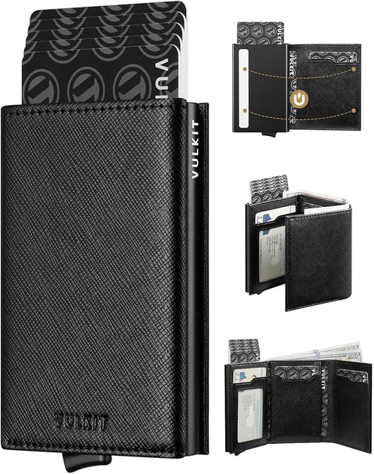 VULKIT Pop up Card Wallet Minimalist Cash Wallets RFID Blocking Leather Smart Credit Card Holder with ID window for Men(Cross Black)