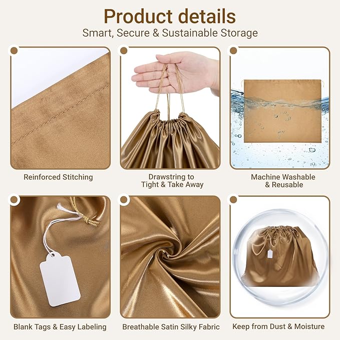 Ewen 7 Pack 23.6x19.6in Satin Drawstring Pouch with Blank Tags, Large Dust Bags for Handbags, Travel Essential Packing Bag, Dustproof Clothes Organizer for Closet Home Storage Accessories Organization