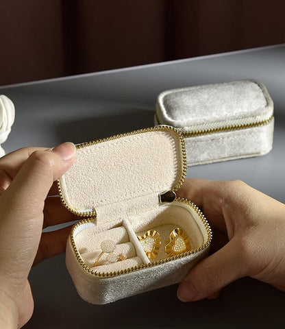 TAIMY Mini Jewelry Travel Case, Velvet Small Travel Jewelry Box, Portable Jewelry Travel Organizer Box for Rings Earrings Necklaces, Gifts for Women Girls(Beige)
