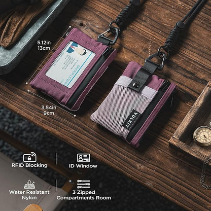 VULKIT Small RFID Wallet for Women & Men – Minimalist Zipper Wallet with ID Window, Keychain & Carabiner, Holds 15 Cards, Water Resistant Travel Lanyard Wallet Wine Pink