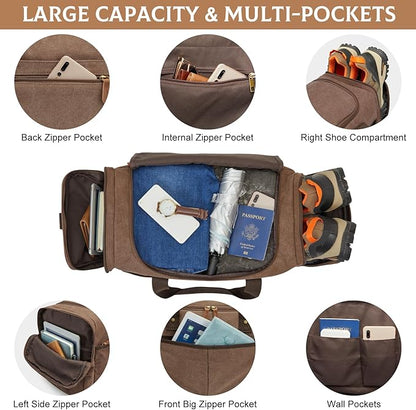 S-ZONE Canvas Duffel Bag for Travel 45L Weekender Overnight Travel Bags with Shoes Compartment for Men