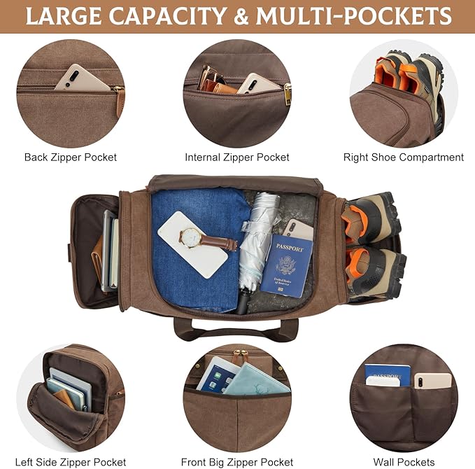 S-ZONE Canvas Duffel Bag for Travel 65L Weekender Overnight Travel Bags with Shoes Compartment for Men