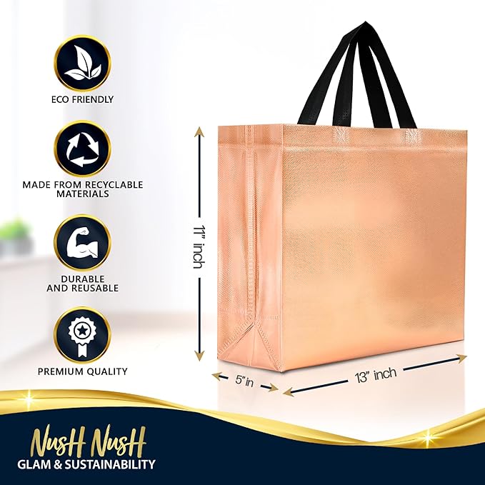 Nush Nush Large Rose Gold Gift Bags Bulk – Set of 30 Rose Gold Reusable Bulk Gift Bags With Handles - Perfect Goodie Bag for Birthday Party, Bachelorette, Christmas, Small Business - 13Wx5Dx11H