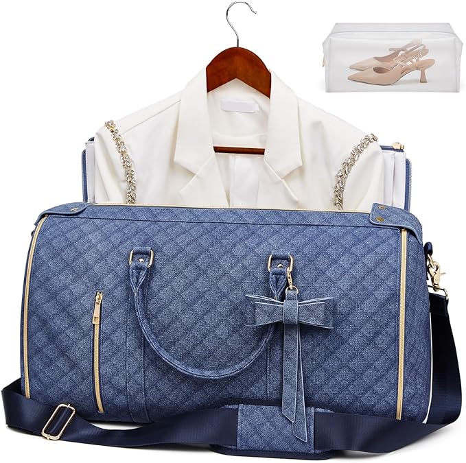 Garment Bags for Travel, Convertible Suit Travel Bag for Women, Stylish Carry On Garment Bag with Toiletry Pocket, Shoulder Strap & Shoes Compartment, 2 in 1 Foldable PU Leather Duffle Bag, Navy Blue