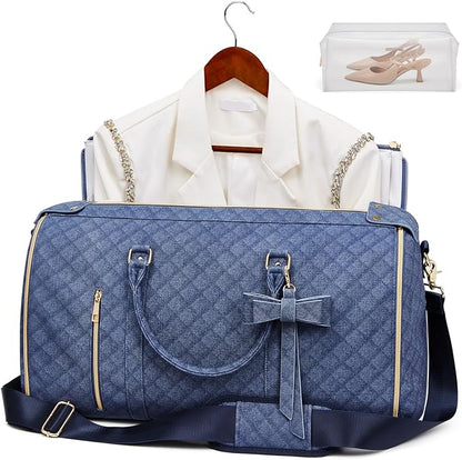 Garment Bags for Travel, Convertible Suit Travel Bag for Women, Stylish Carry On Garment Bag with Toiletry Pocket, Shoulder Strap & Shoes Compartment, 2 in 1 Foldable PU Leather Duffle Bag, Navy Blue