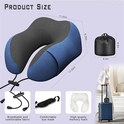 Neck Travel Pillow, Upgraded Memory Foam Pillow for Airplane, Machine Washable, Adjustable Flight Pillow, Suitable for Sleeping Airplane, Car, Office and Home (Dark Blue)