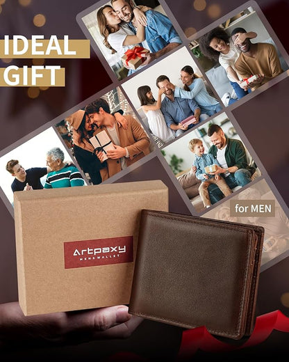 Mens Wallet Genuine Leather Bifold RFID Blocking Wallet for Men with 1 ID Window 13 Card Holders 2 cash pockets 1 Gift Box