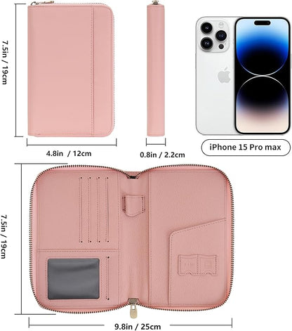 WASON Leather Zipper Travel Passport Wallet Holder RFID Blocking Cover, Passport case Pocket Slot for Card, Cash, ID, Boarding Pass and Ticket for Men, Women and Family Trips (Pink)