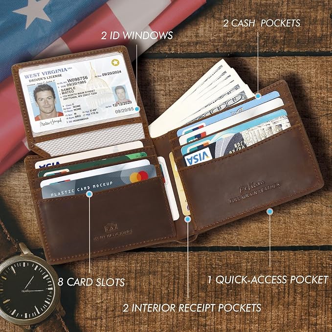 Full Grain Leather Wallet for Men, RFID Blocking, Mens Wallet Bifold with 2 ID Windows, Billfold with 13 Card Slots, Leather Gift for Men, American Flag Wallet Dark Brown