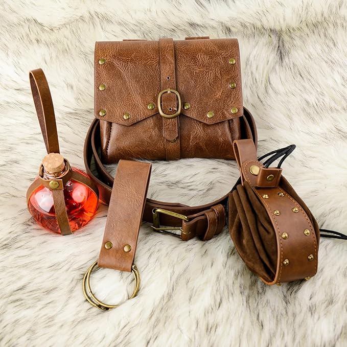 Renaissance Belt Pouch Viking Leather Medieval Belt Waist Bag Pirate Cosplay Festival Halloween Adjustable Accessories (Pouch-Brown)