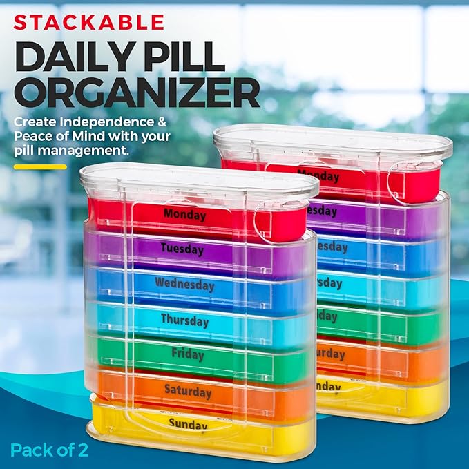MEDca Weekly Pill Organizer, Four Times-a-Day, Pack of 2 Dispensers with Stackable AM/PM Compartments