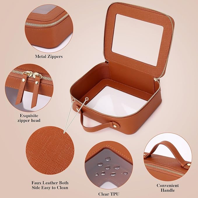 Pinkmik Clear Makeup Bag for Women Waterproof Travel Cosmetics and Toiletries Case Portable Makeup Oaganizer Bag Clear Car Bag with Zipper (X/Brown, M+L)