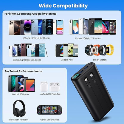 Portable Charger 40,800mAh Power Bank with Built-in Cables,5 USB Output Battery Pack Backup,25W PD USB C Phone Charging Travel Essential Outdoor for iPhone 17/16/15/14 Pro,Android Galaxy Pixel Nexus