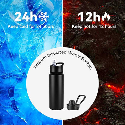 24oz Insulated Water Bottle with Straw Lid, Stainless Steel Metal Water Bottle with Straw & Wide Mouth Lid, Double Wall Vacuum Water Bottle for Hiking Camping, Black 4 Pack