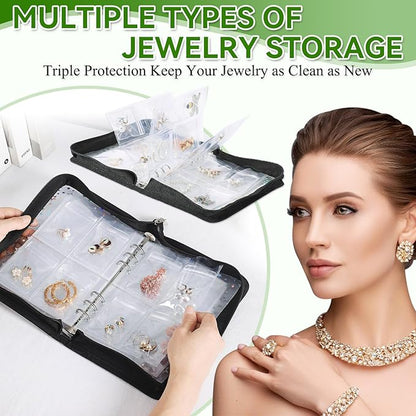 Earring Organizer Case Travel Jewelry Storage Book Clear with Small Zippered Pouch (Black, With 80 Pcs small Jewelry Pouches)