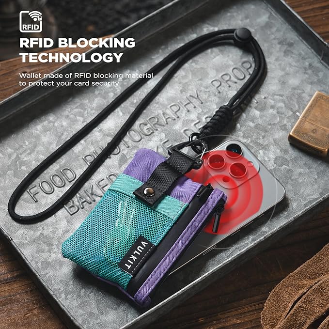 VULKIT Small RFID Wallet for Women & Men – Minimalist Zipper Wallet with ID Window, Keychain & Carabiner, Holds 15 Cards, Water Resistant Travel Lanyard Wallet AauaGreen Purple