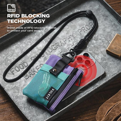 VULKIT Small RFID Wallet for Women & Men – Minimalist Zipper Wallet with ID Window, Keychain & Carabiner, Holds 15 Cards, Water Resistant Travel Lanyard Wallet AauaGreen Purple