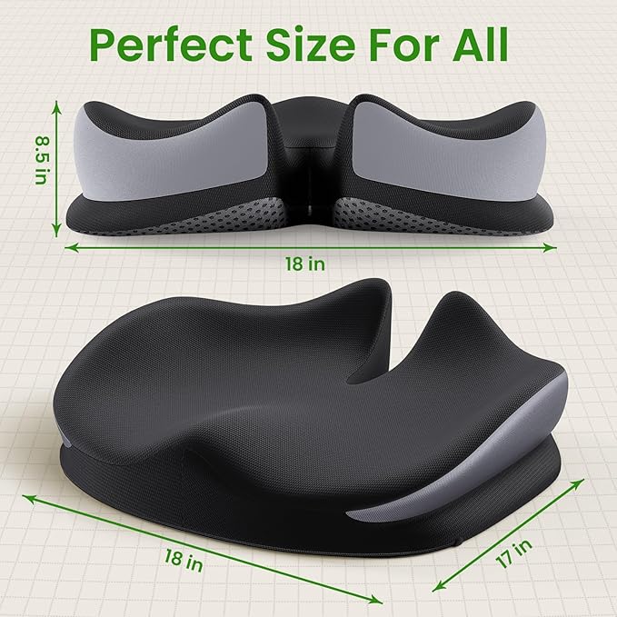 Benazcap Large Seat Cushion for Office Chair Memory Foam Coccyx Pain Relief Cushion Pillow for Back Support Non-Slip Seat Pad for Office Desk, Car Seat, Wheelchair, Sciatica