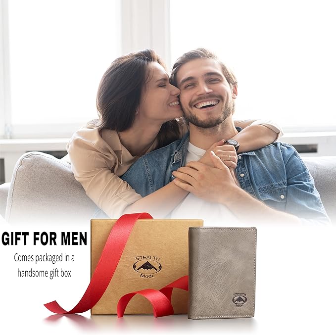 Stealth Mode Trifold Wallet - RFID Blocking Wallet with Flip ID Holder - Leather Case for Money, Credit Cards - Mens Organizer, Divided Billfold, Identity Protection - Men's Gifts (Grey)