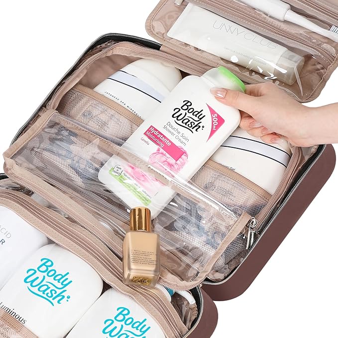 NISHEL Travel Toiletry Bag for women, Portable Hanging Organizer for Family-Sized Shampoo, Conditioner, Brushes Set, Makeup Accessories, Extra Large Size, Rosewood-Pink