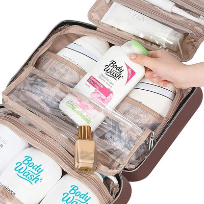 NISHEL Travel Toiletry Bag for women, Portable Hanging Organizer for Family-Sized Shampoo, Conditioner, Brushes Set, Makeup Accessories, Extra Large Size, Rosewood-Pink