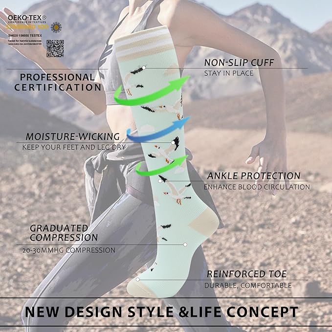 fenglaoda Compression Socks Women Men 6 Pairs, Knee High Best Support Circulation Socks for Running, Travel, Flight, Nurse