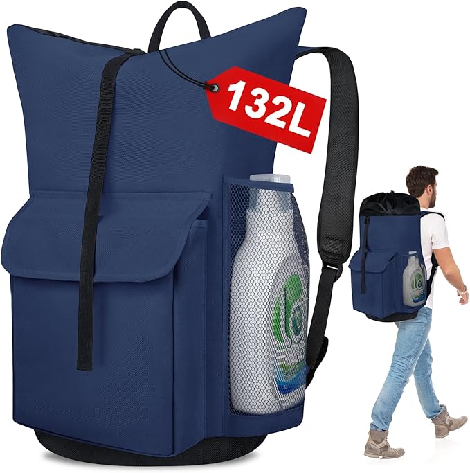 Laundry Backpack Bag, 132L Extra Large Heavy Duty Laundry Backpack for College Dorm Essentials, Laundry Hamper Travel Bag with Shoulder Straps and Mesh Wash Bags for Laundromat, Apartment Blue